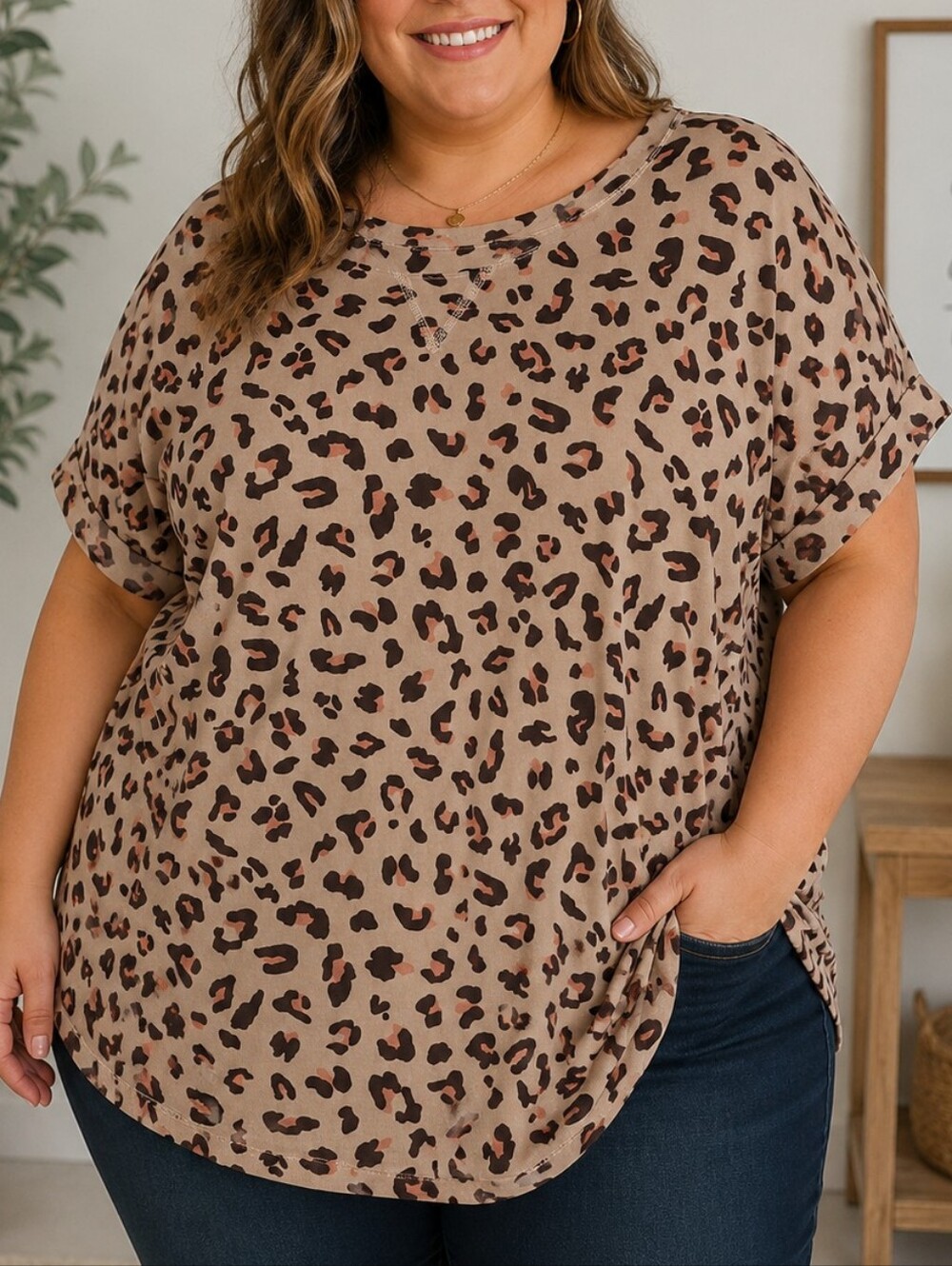 Leopard Print Short Sleeve Women's Top - Taupe